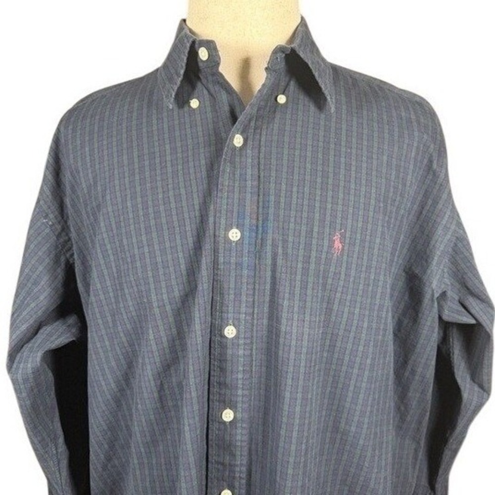 Ralph Lauren Blake Mens XL Navy Green Striped 100% Two-Ply Cotton Button Shirt